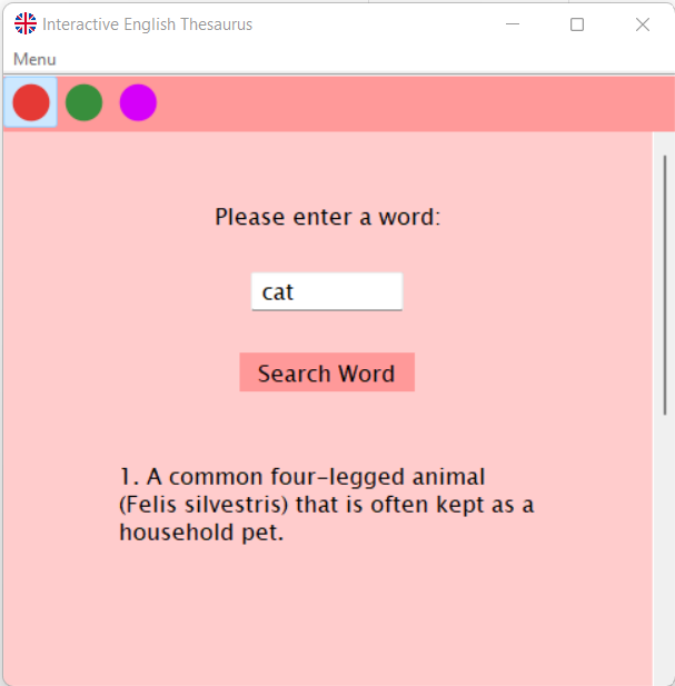 Main Window of application Interactive English Thesaurus